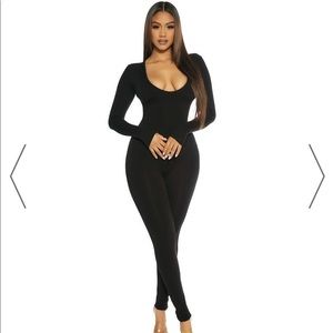 BLACK LONGSLEEVE NAKED WARDROBE JUMPSUIT DEEP V NECK